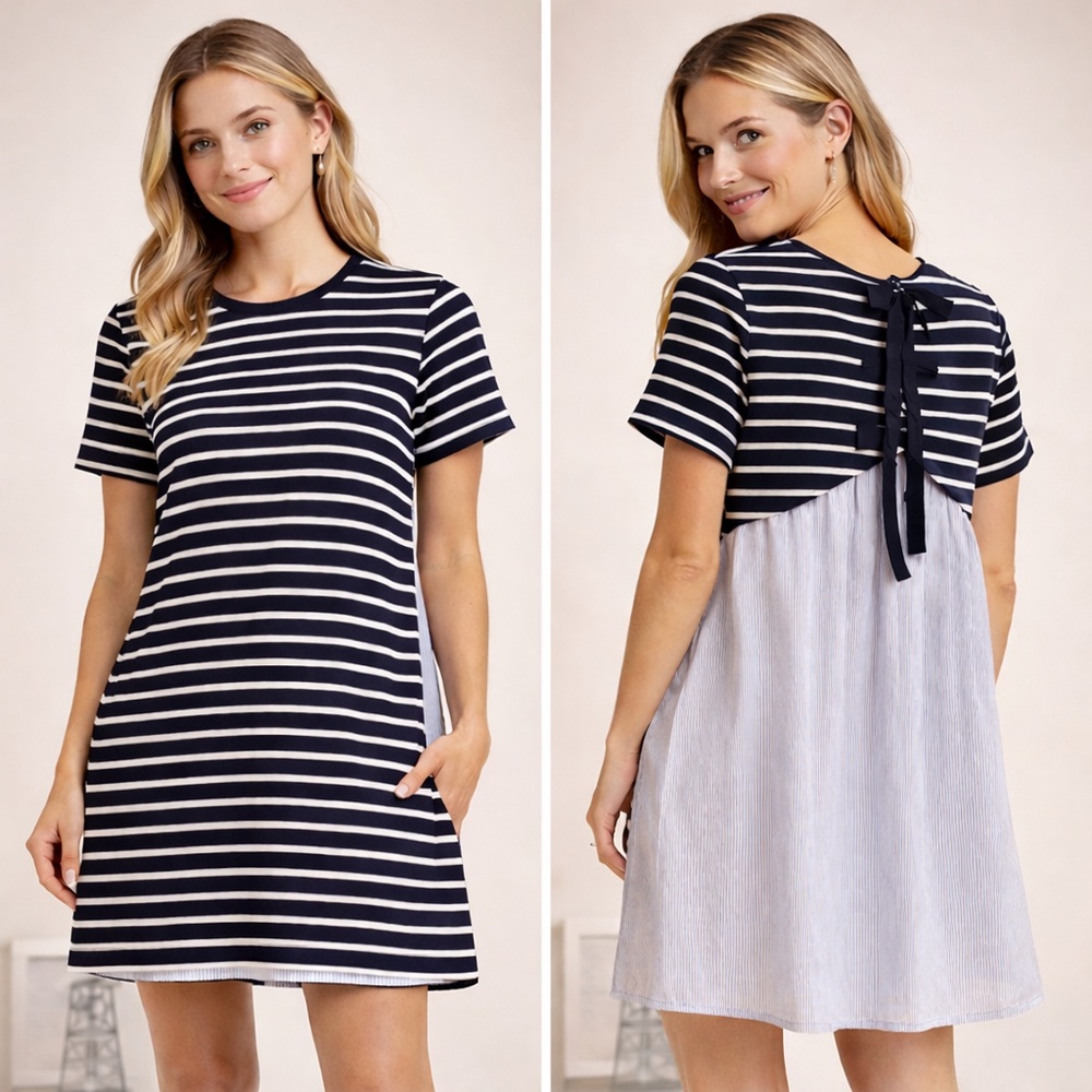 Sea New York 100% Cotton A-line Striped Mini Dress with Pocket Sz XS